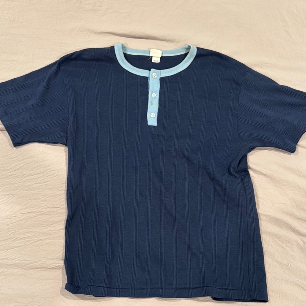 Navy Blue Henley Shirt with Light Blue Accents